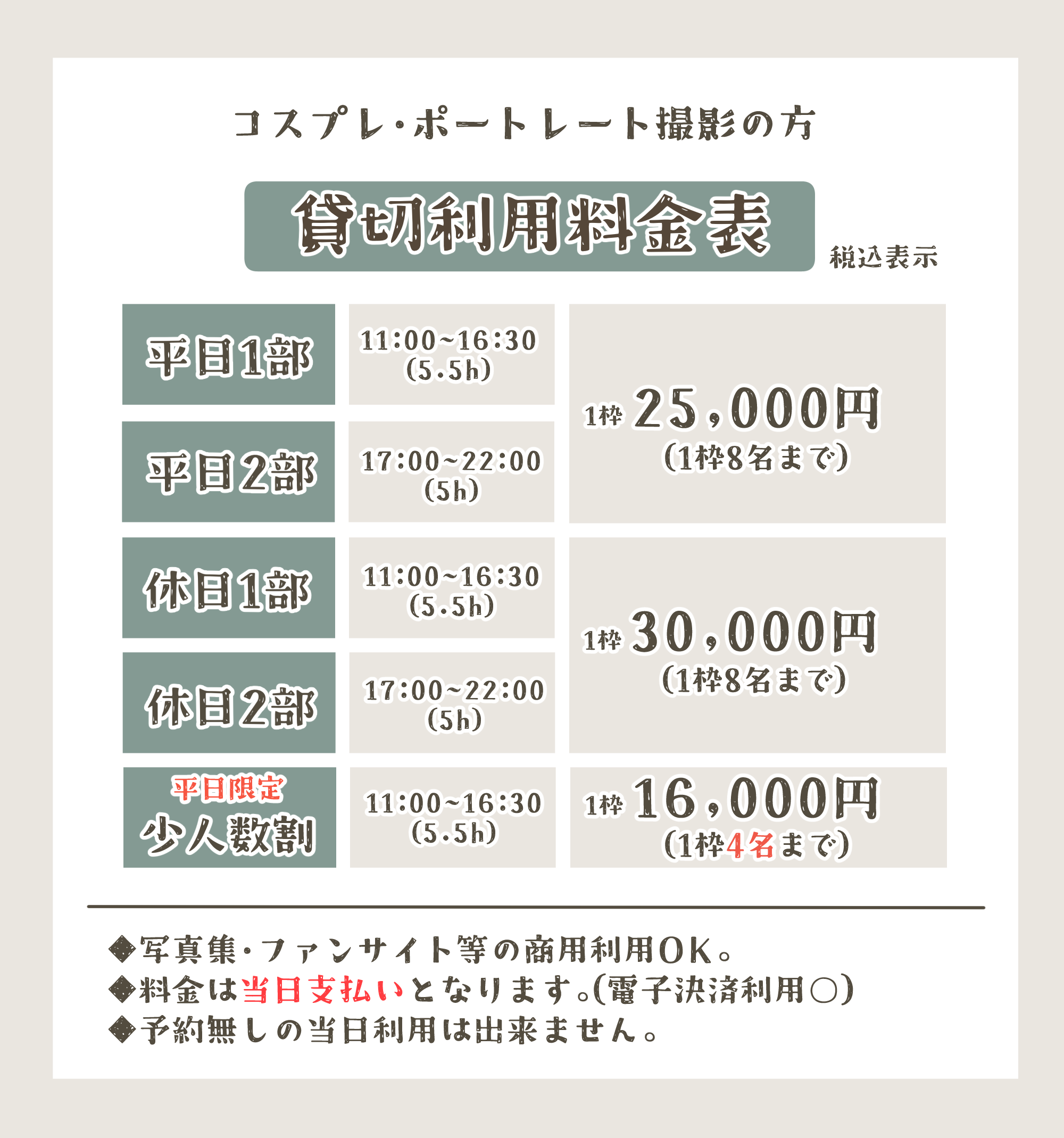 貸切利用料金表