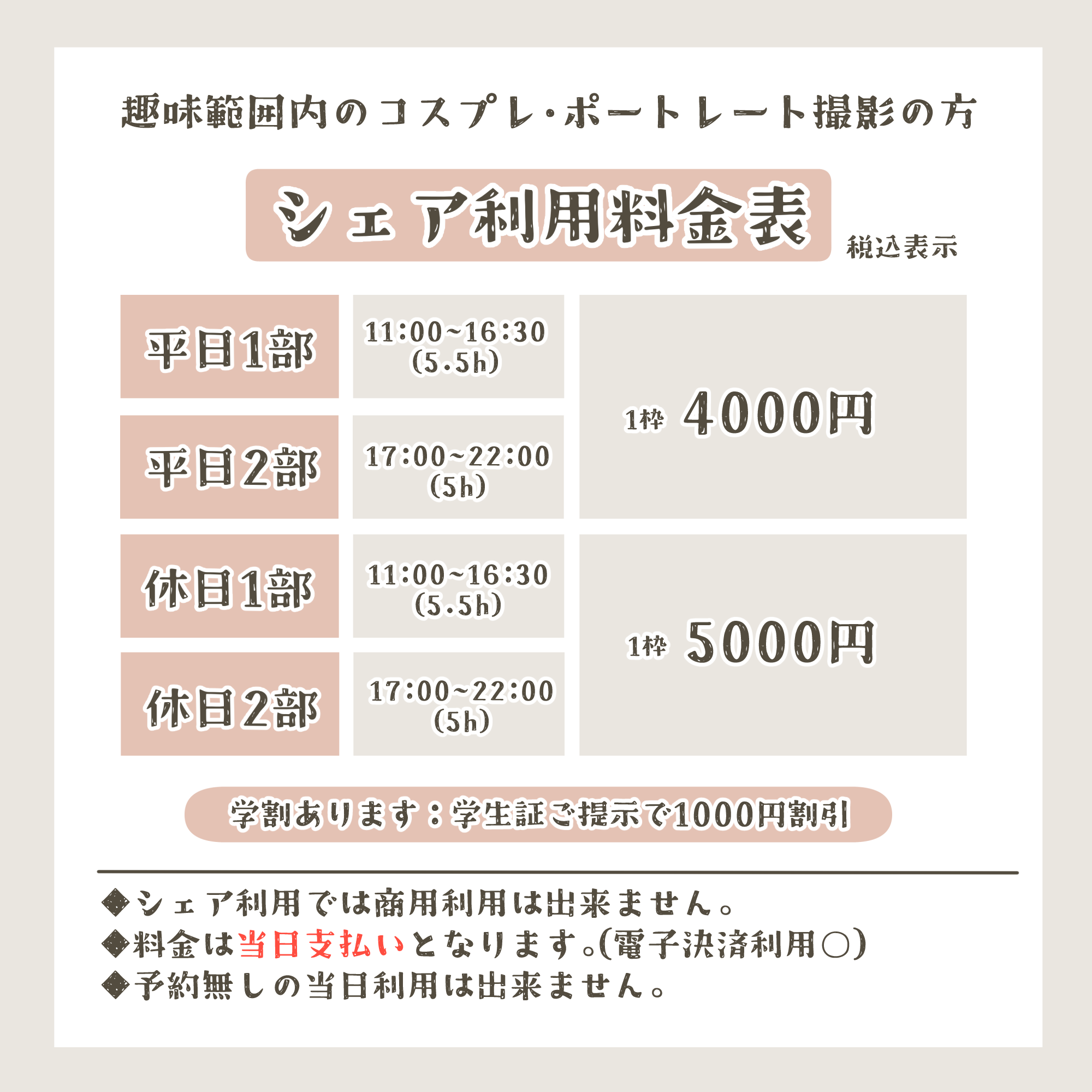 シェア利用料金表